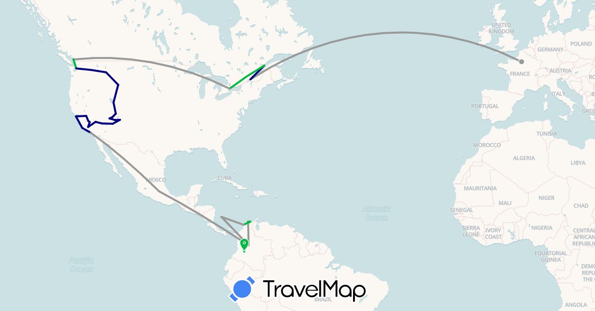 TravelMap itinerary: driving, bus, plane in Canada, Colombia, France, Mexico, United States (Europe, North America, South America)